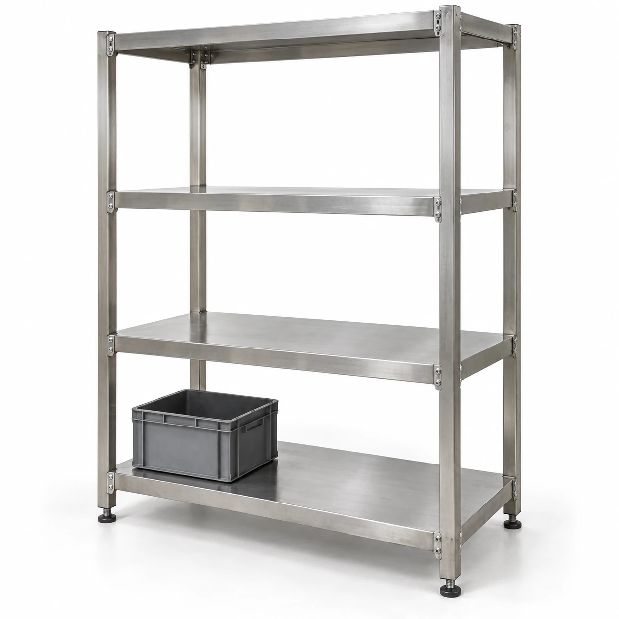 Four-tier stainless steel storage shelving with solid decks and adjustable feet