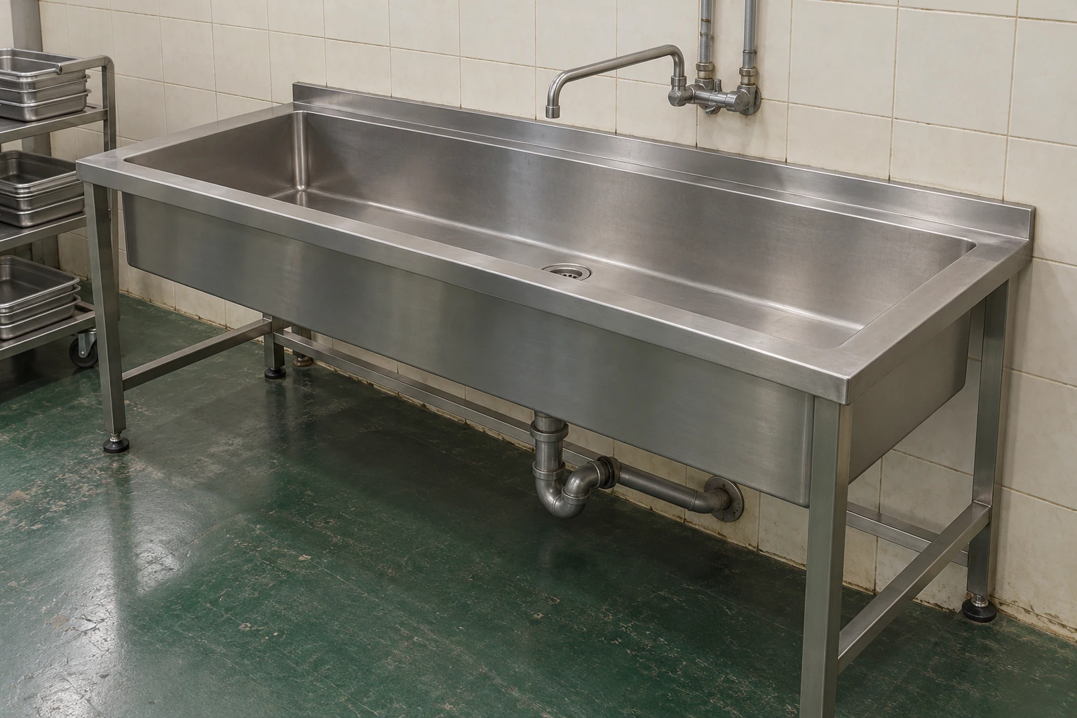 Long stainless steel workroom sink with an uninterrupted basin and open support frame