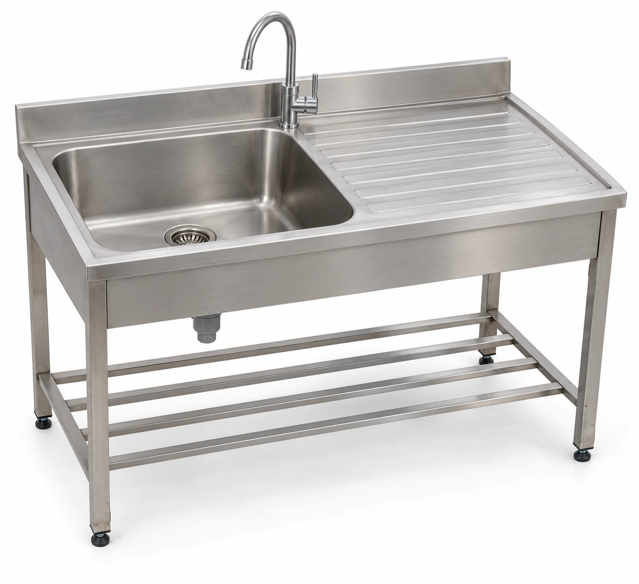 Freestanding stainless steel utility sink with one bowl, right drainboard and open lower shelf