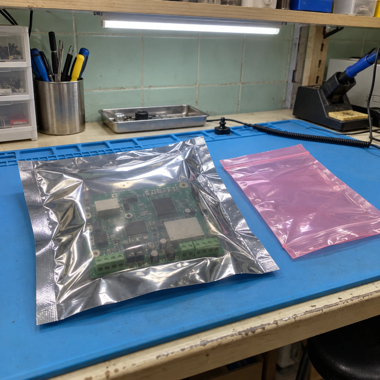 Silver shielding pouch and separate pink low-charging bag on an electronics bench