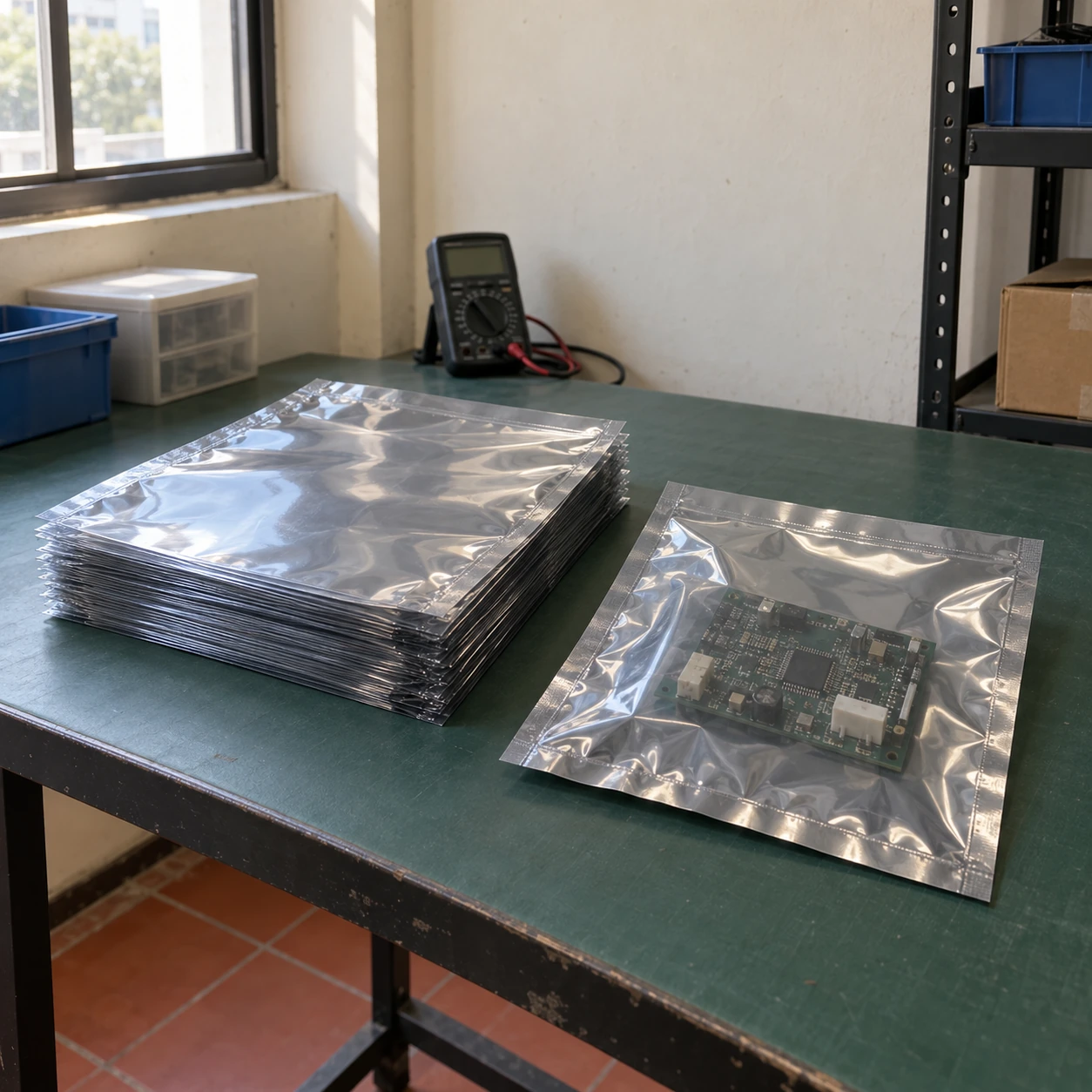 ESD shielding bags with an enclosed electronic assembly at an inspection bench