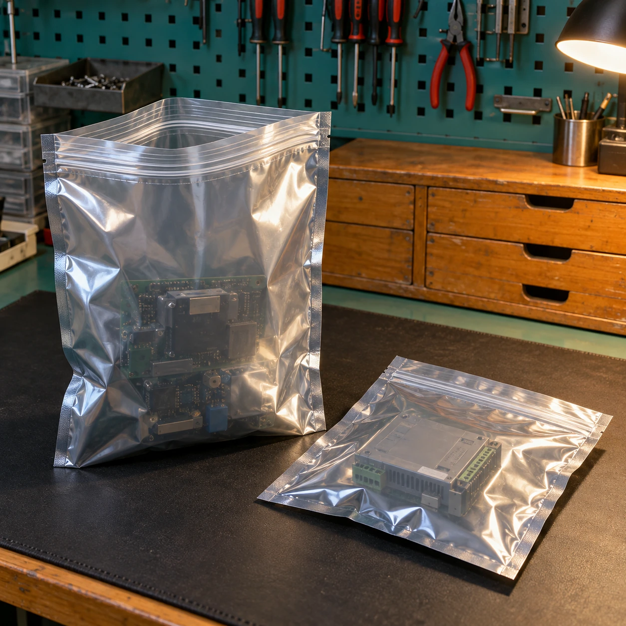 Reclosable metallized shielding bags at a small electronics service workstation