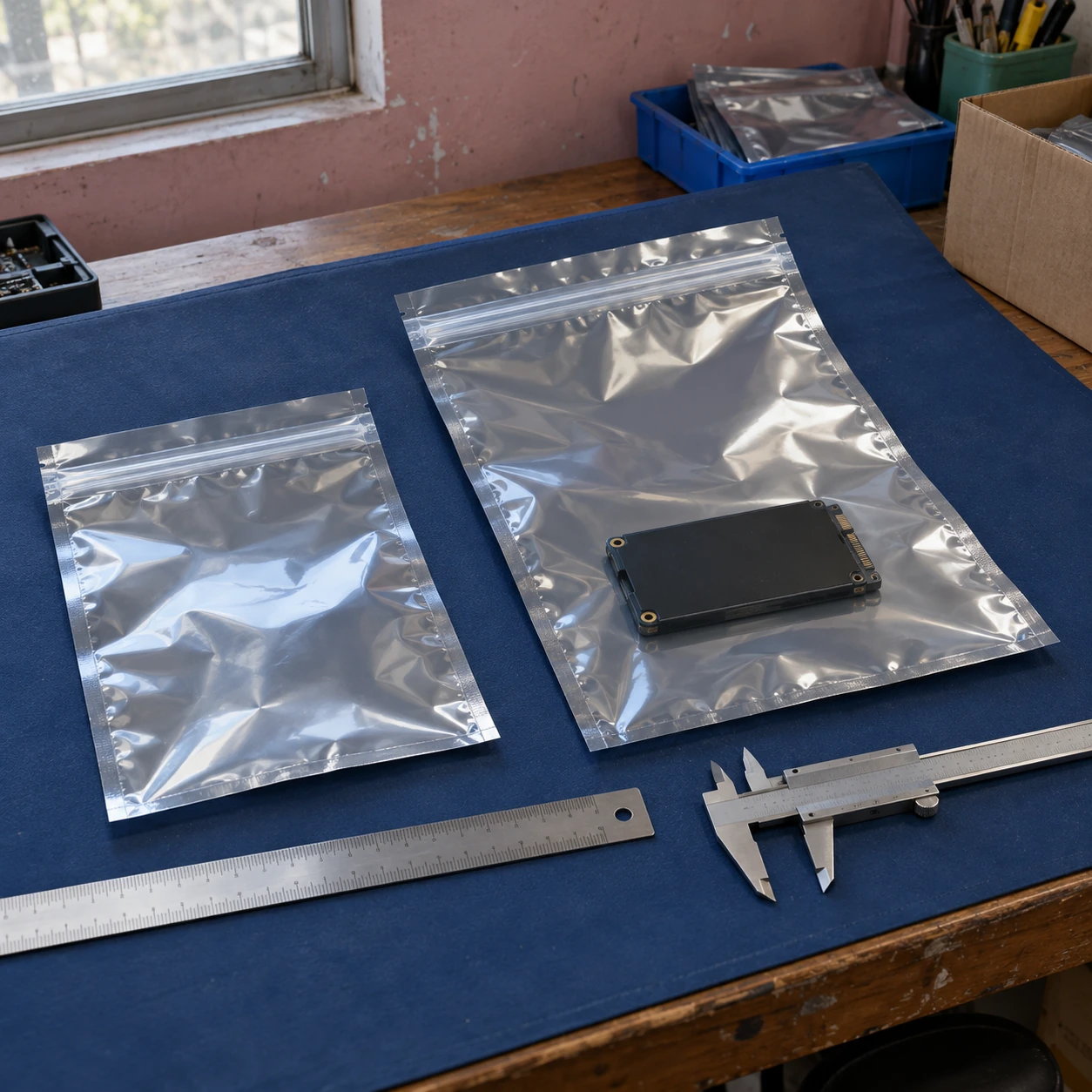 Two reclosable shielding bag sizes laid out for packing-space selection