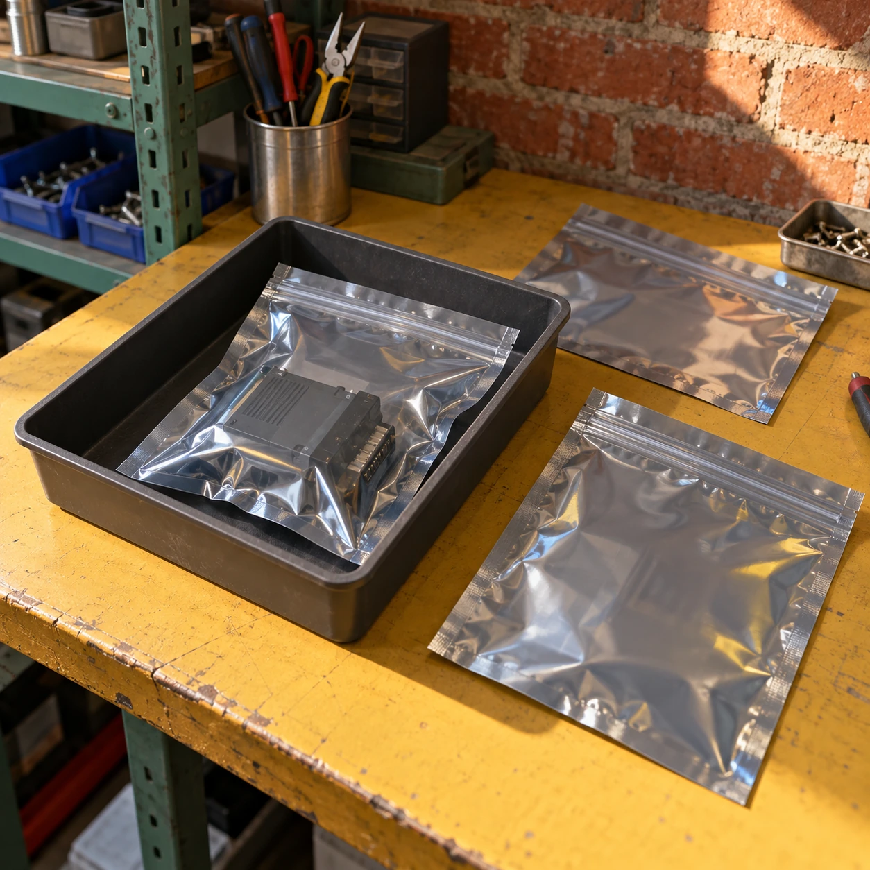 Reclosable shielding bags and an enclosed spare in a repair-return tray