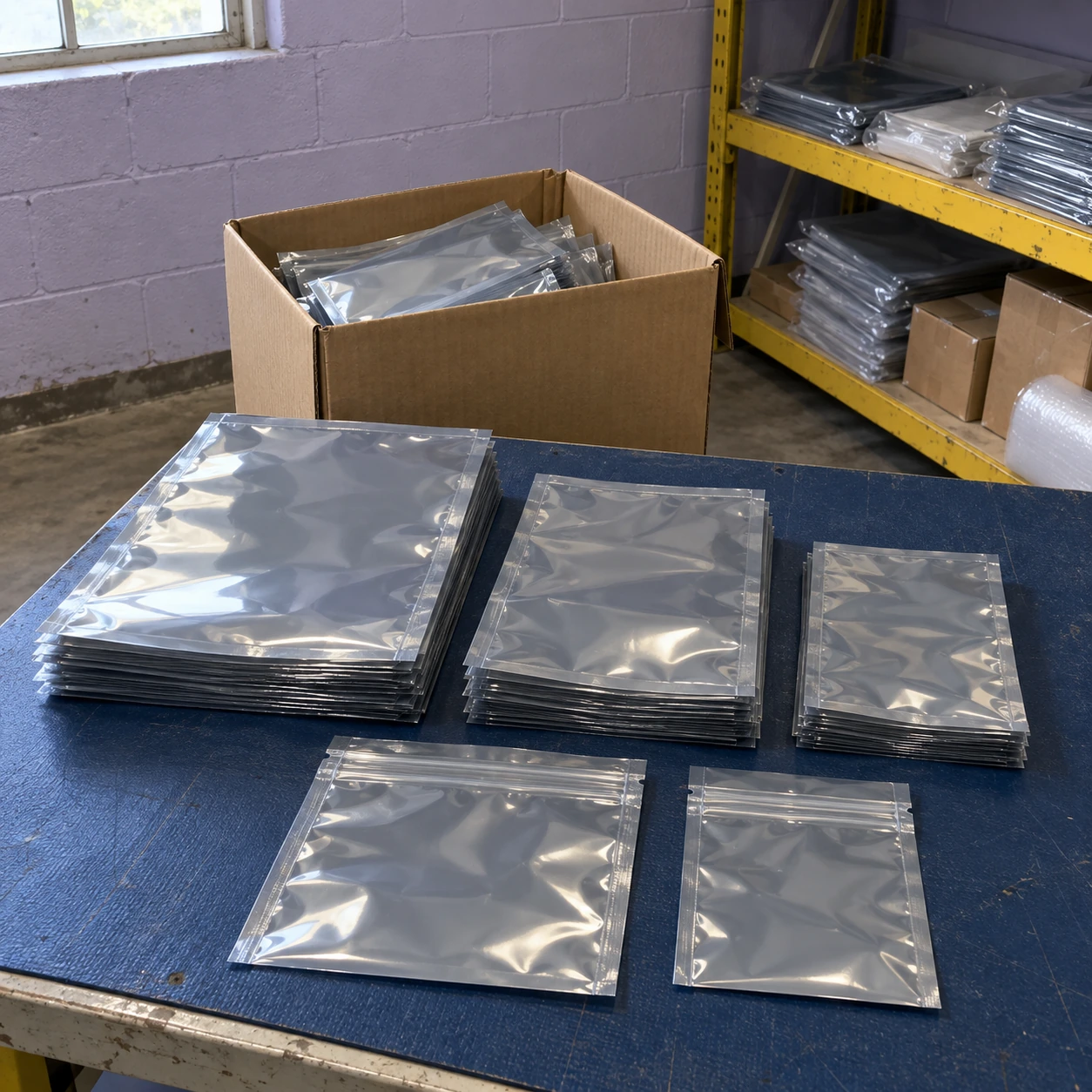 Several sizes of metallized shielding bags prepared in a small dispatch store
