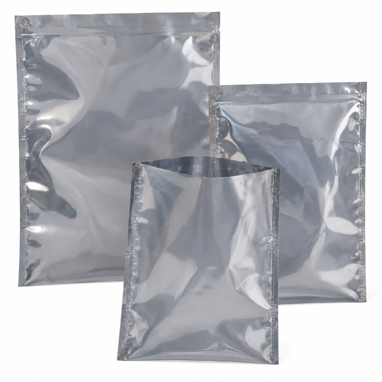 Silver metallized static shielding bags in several flat sizes