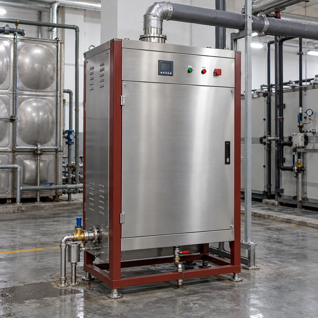 Industrial stainless electric steam humidifier with closed service cabinet and insulated outlet