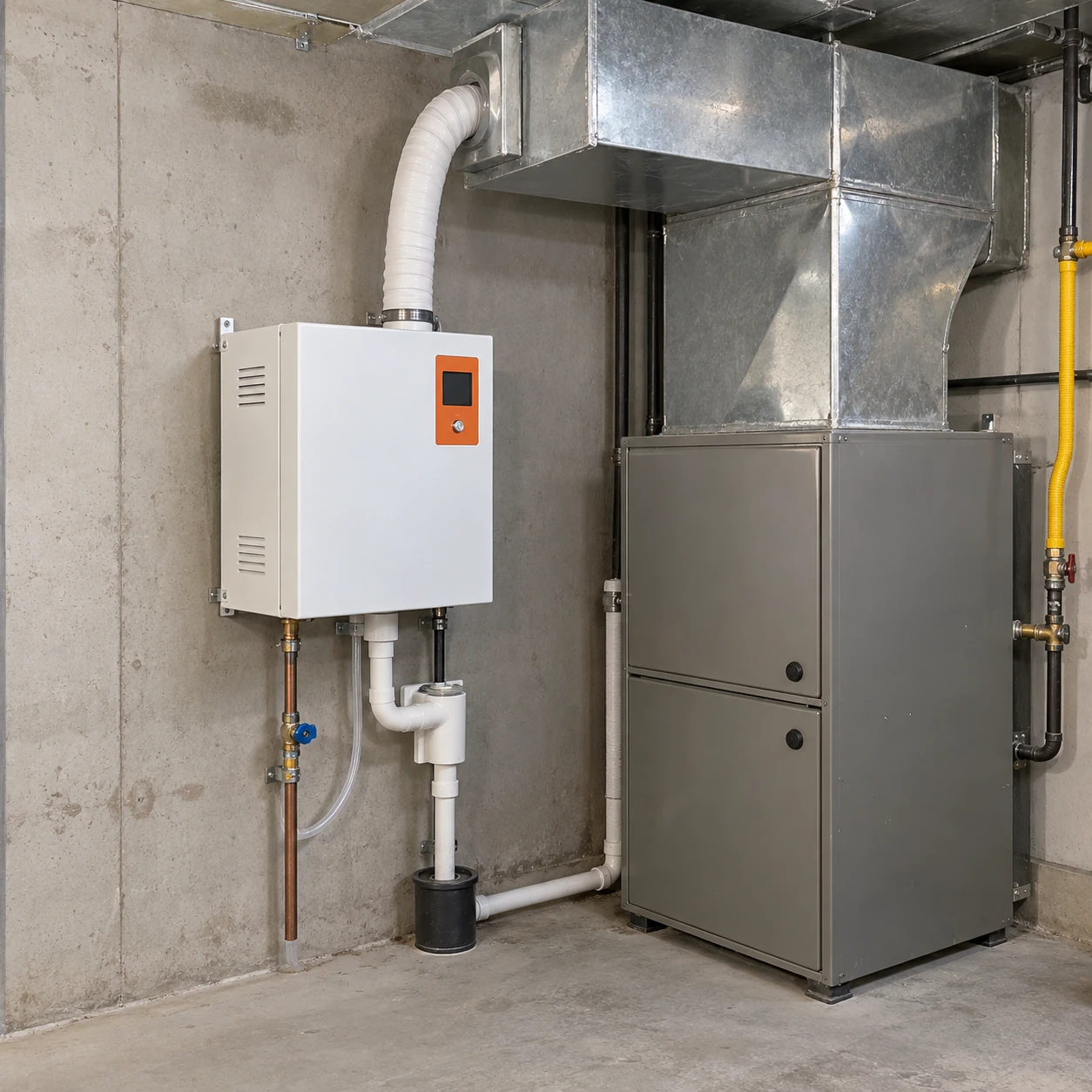 Chinese industrial steam humidifier installed beside a warm-air unit with a supply duct connection