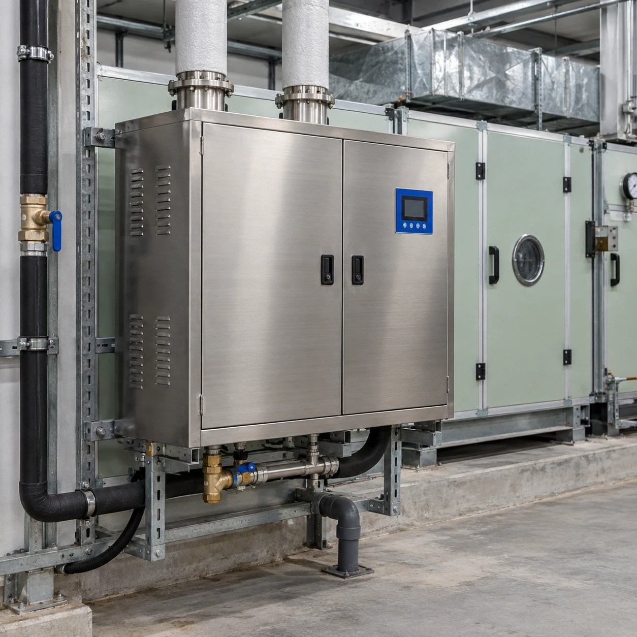 Chinese commercial HVAC steam generator cabinet in an air-handling plant room