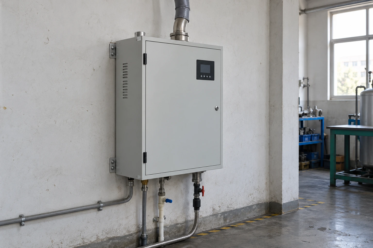 Enclosed steam humidifier cabinet with water connections and a supported steam outlet