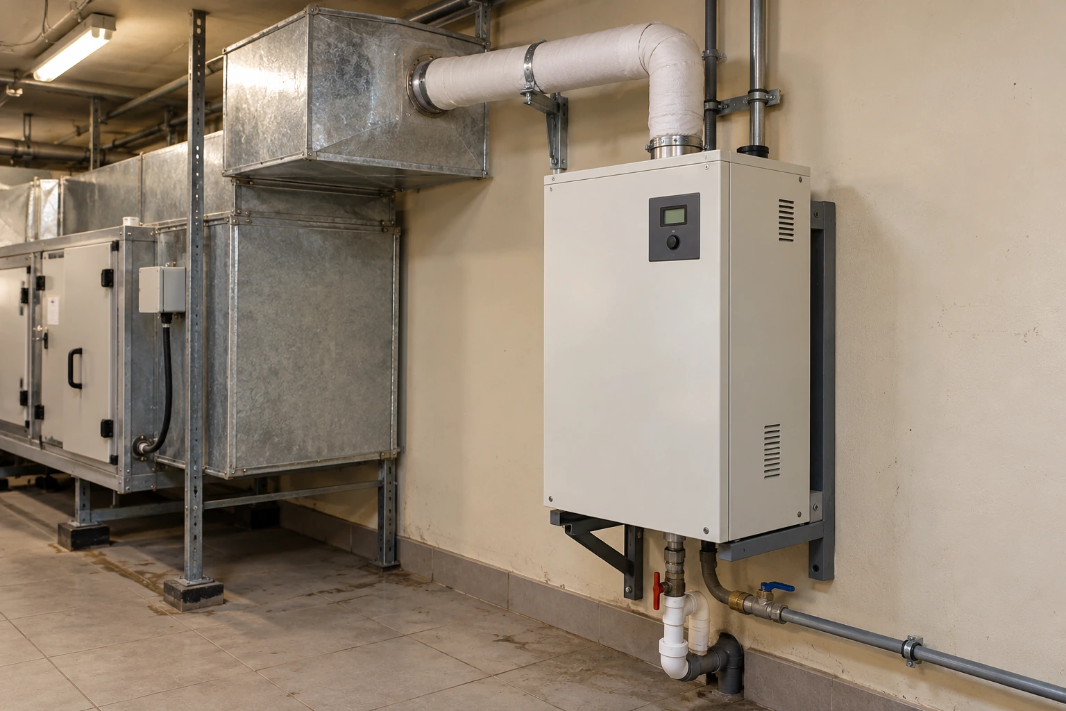 Commercial steam humidifier beside a building ventilation duct and air handling equipment