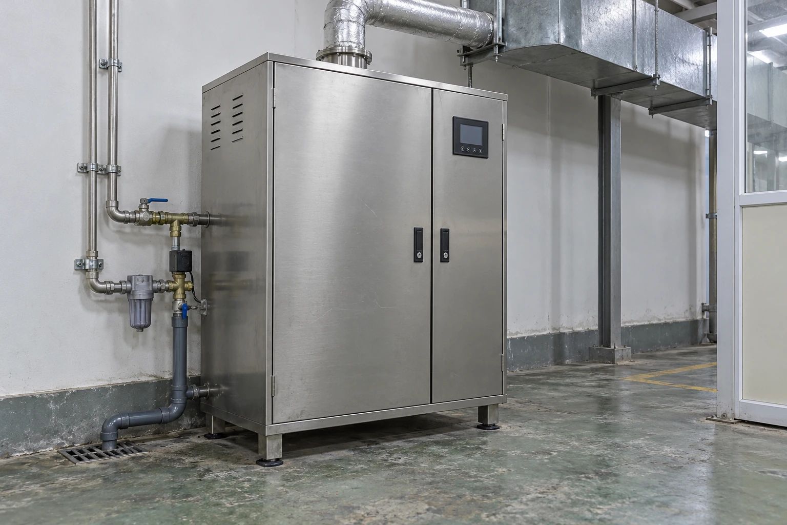 Floor-standing industrial steam humidifier cabinet with accessible service connections