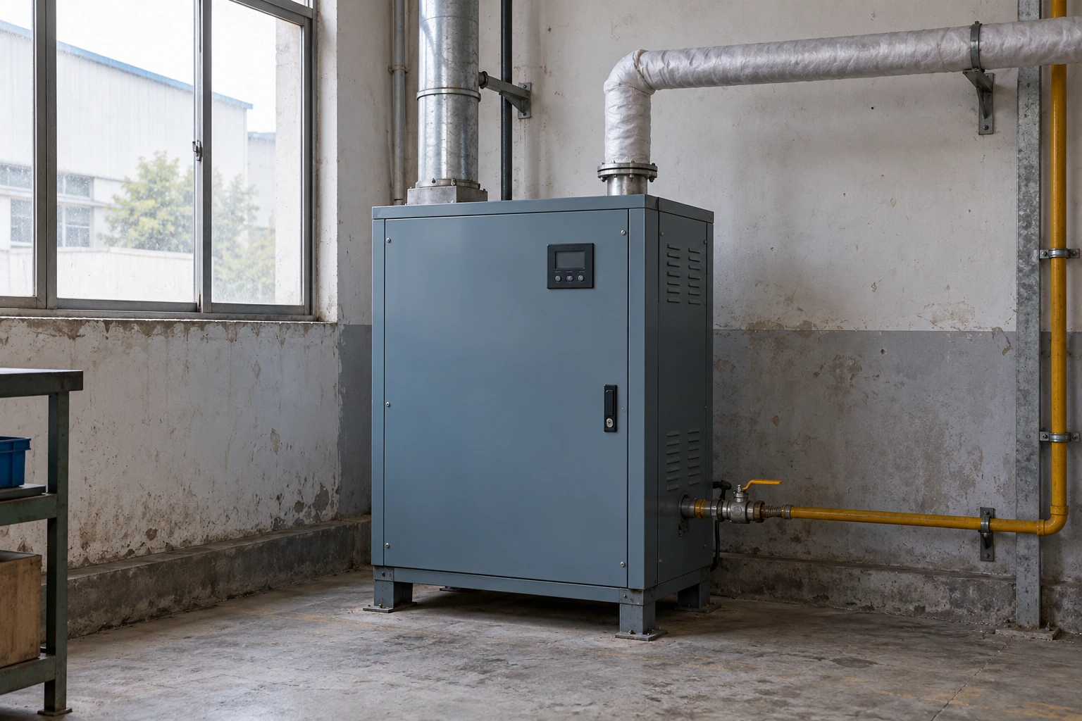 Gas-fired steam humidifier cabinet with separate steam outlet, flue and gas connection