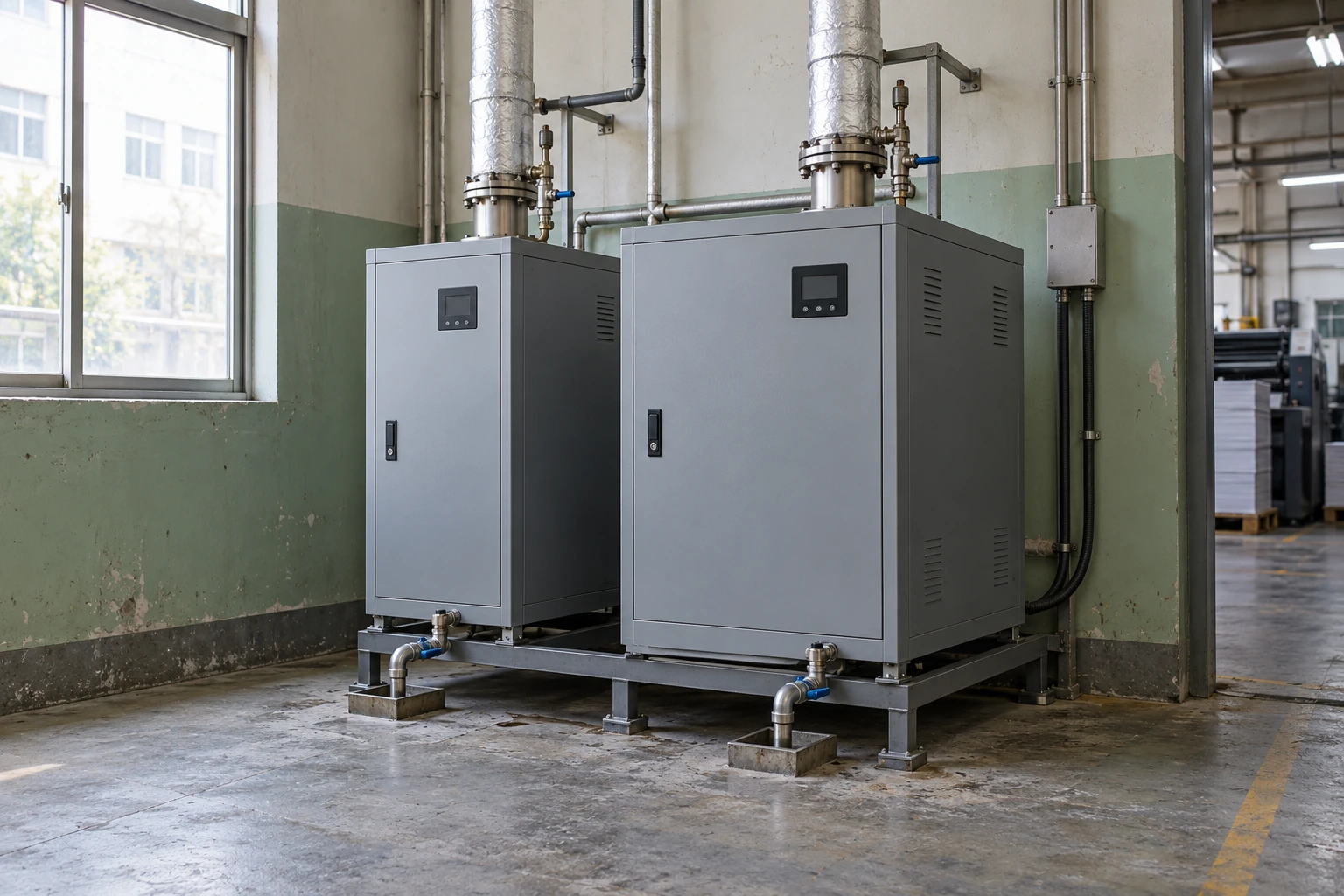 Two industrial steam humidifier cabinets with independent service and steam connections