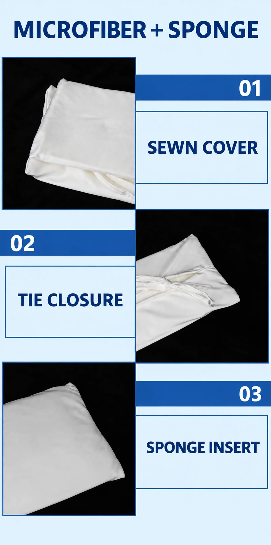 Microfiber and sponge detail panel showing the sewn cover, tie closure and sponge insert