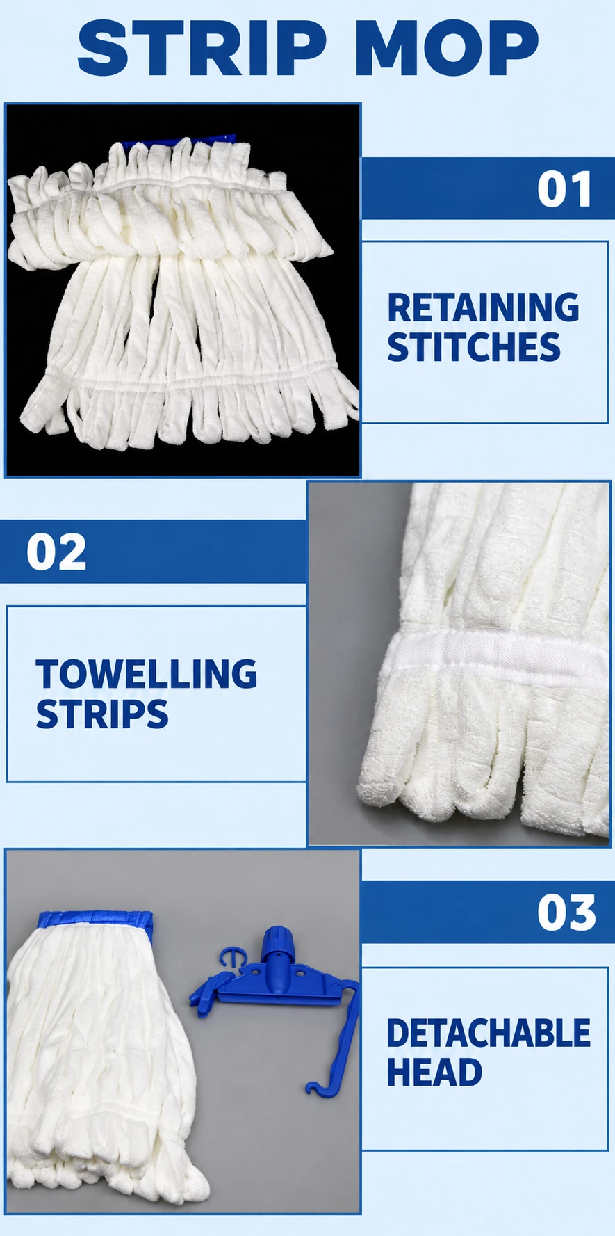 Strip mop detail panel showing retaining stitches, towelling strips and the detachable head