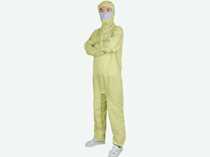 Yellow Grid Cleanroom Coverall with Crotch Zipper — product detail and alternate view