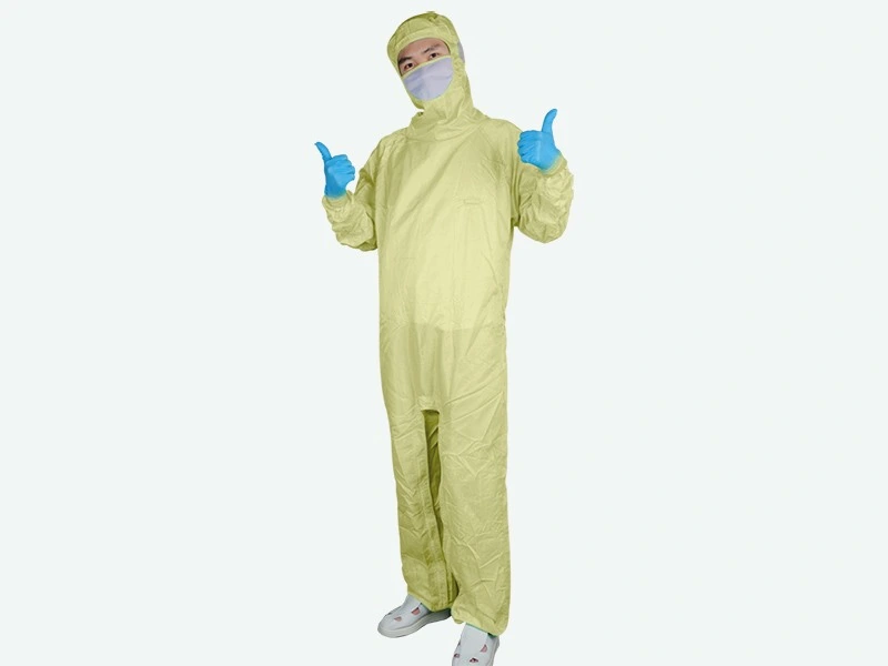 Yellow Grid Cleanroom Coverall with Crotch Zipper — product detail and alternate view