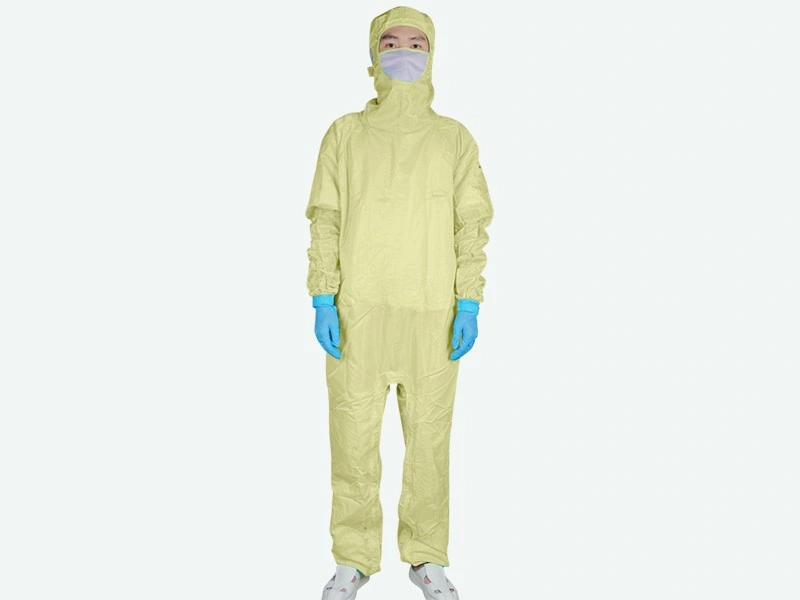 Yellow Grid Cleanroom Coverall with Crotch Zipper — product detail and alternate view