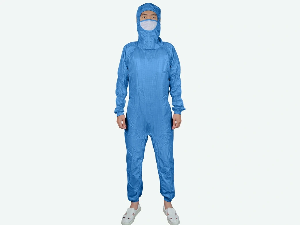 Dark Blue Grid Cleanroom Coverall with Crotch Zipper — product detail and alternate view