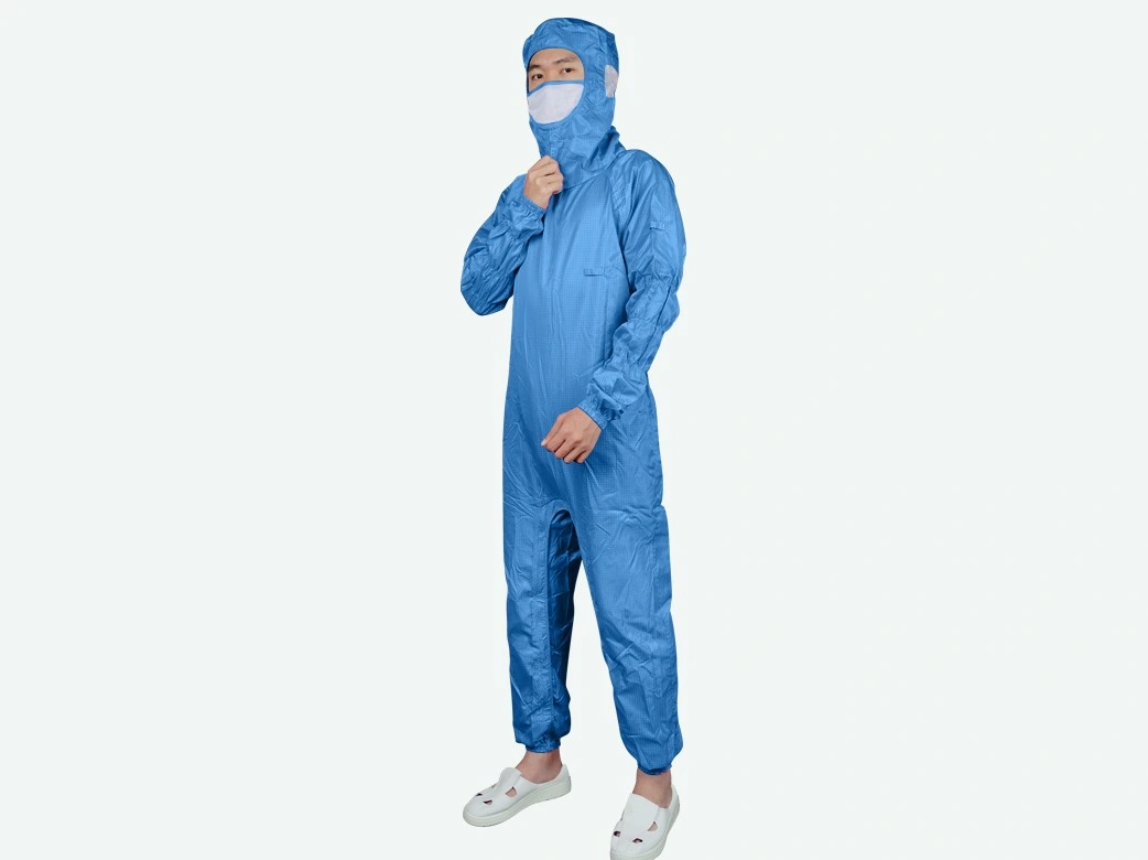 Dark Blue Grid Cleanroom Coverall with Crotch Zipper — product detail and alternate view