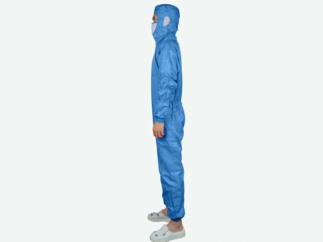 Dark Blue Grid Cleanroom Coverall with Crotch Zipper — product detail and alternate view