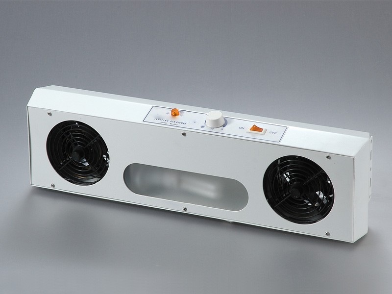 Dual-head ionizing blower with two black guarded fans in a white horizontal enclosure