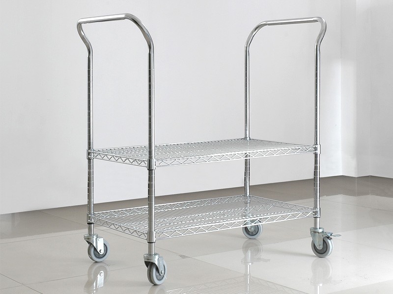 Two-shelf metal wire ESD trolley with raised handles and four casters