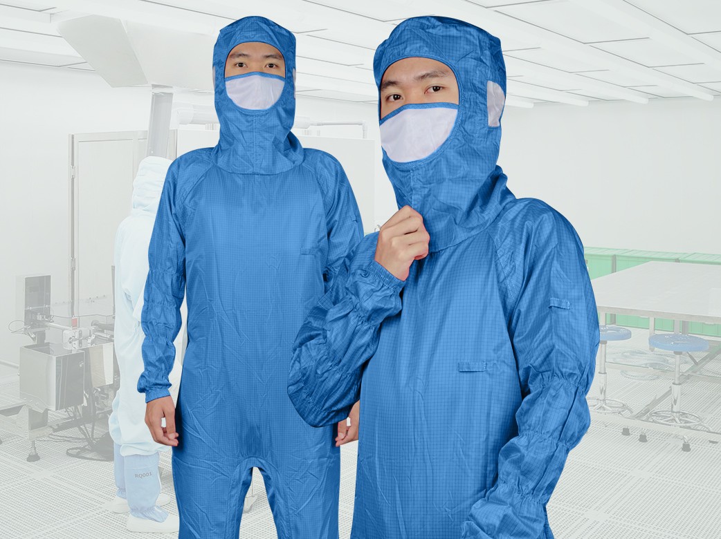 Dark Blue Grid Cleanroom Coverall with Crotch Zipper