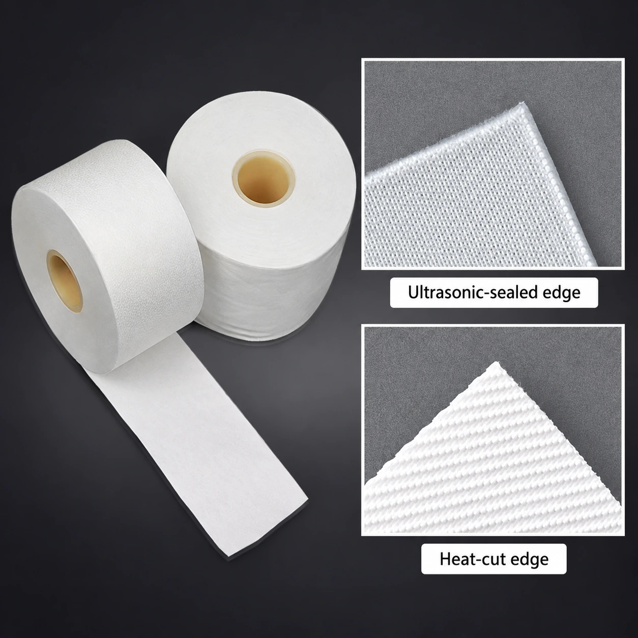Ultrasonic-sealed and heat-cut edge details from the roll range