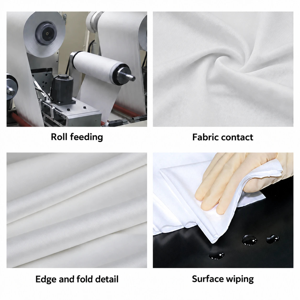Roll feeding, cloth contact and surface-wiping details