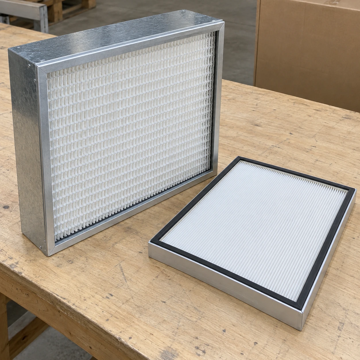 Deep industrial HEPA panel and thinner aluminium mini-pleat ULPA filter on a packing workbench
