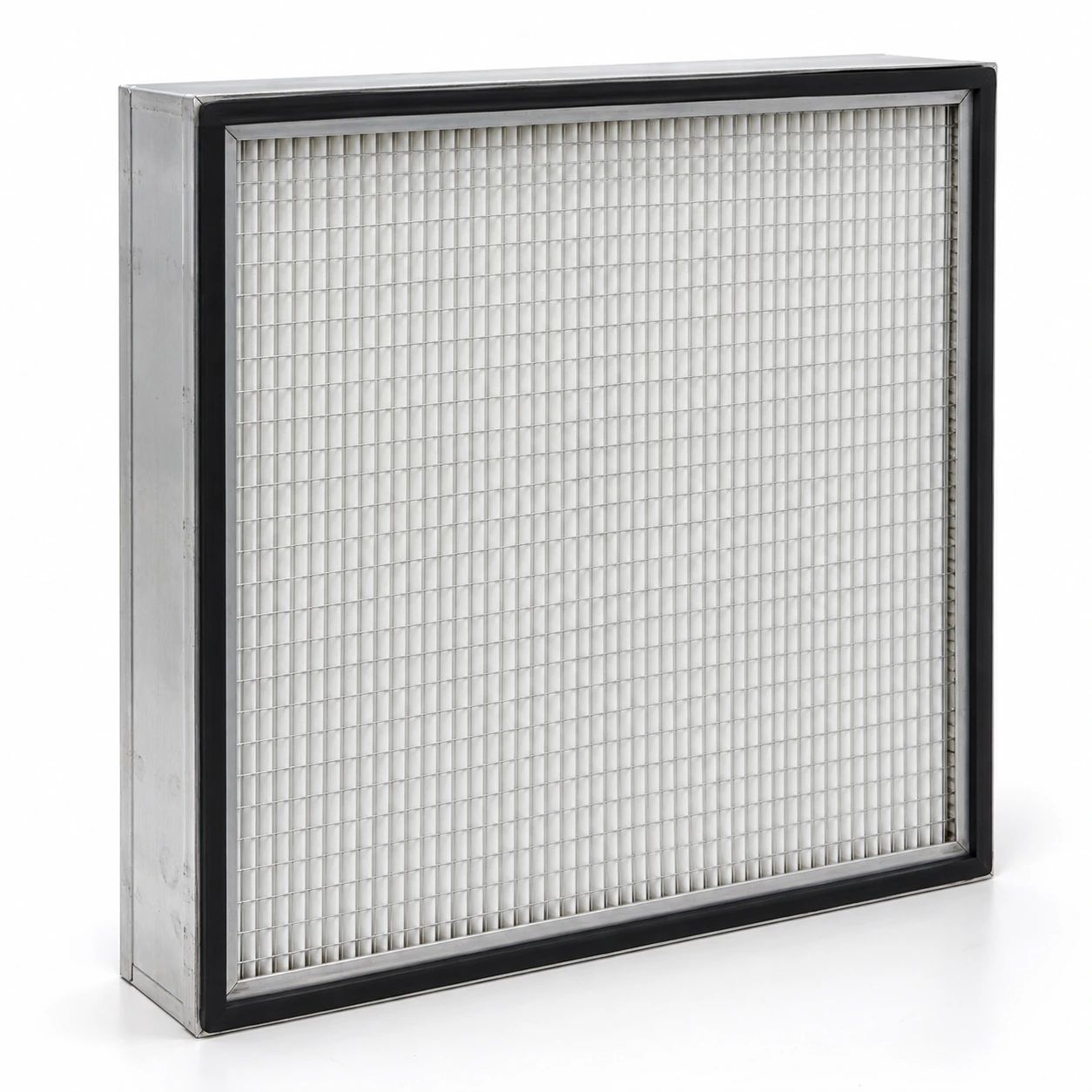 Aluminium-frame mini-pleat ULPA filter panel with protective face grid and perimeter gasket