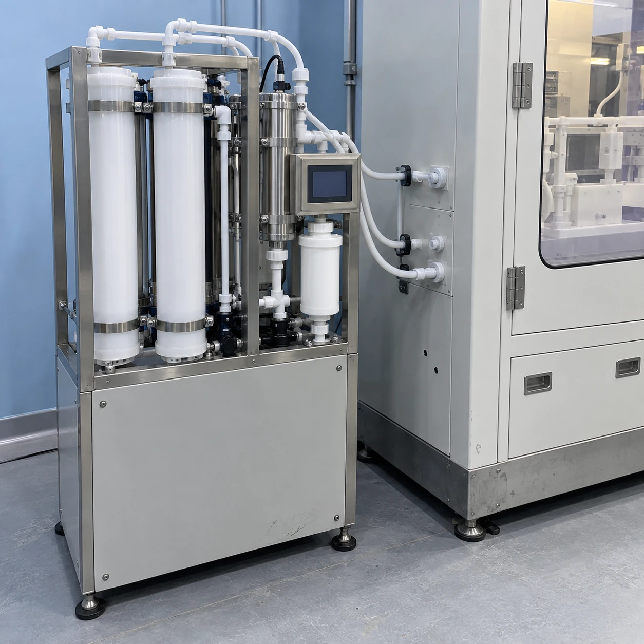 Point-of-use water polishing module connected to a closed wet-process cabinet