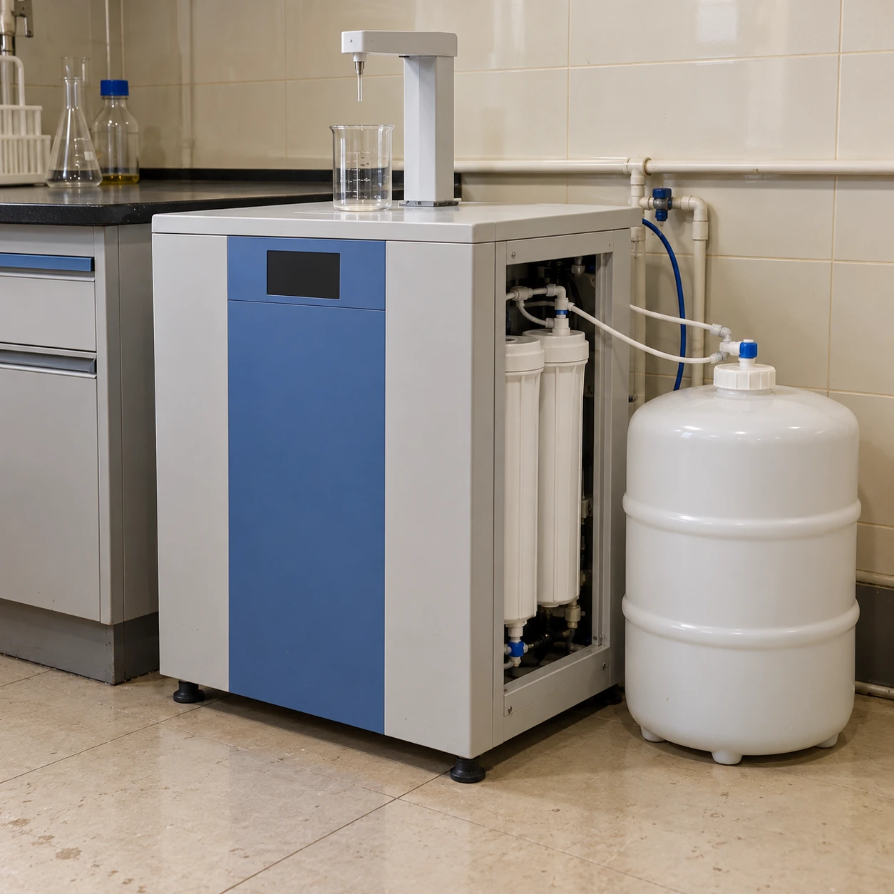 Laboratory water purification cabinet and closed reservoir in a hospital support room