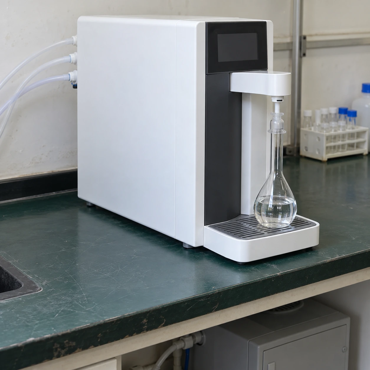 Compact laboratory ultrapure water purifier dispensing into a glass flask on a workbench