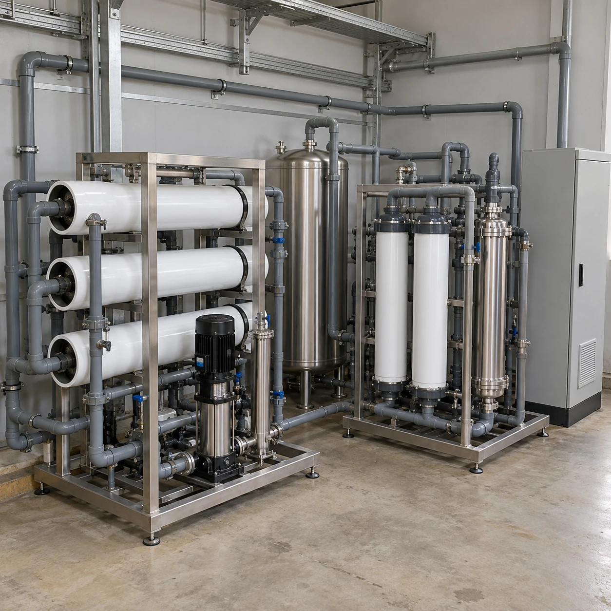 RO and polishing modules with closed buffer tank and return-loop pipework in a utility bay