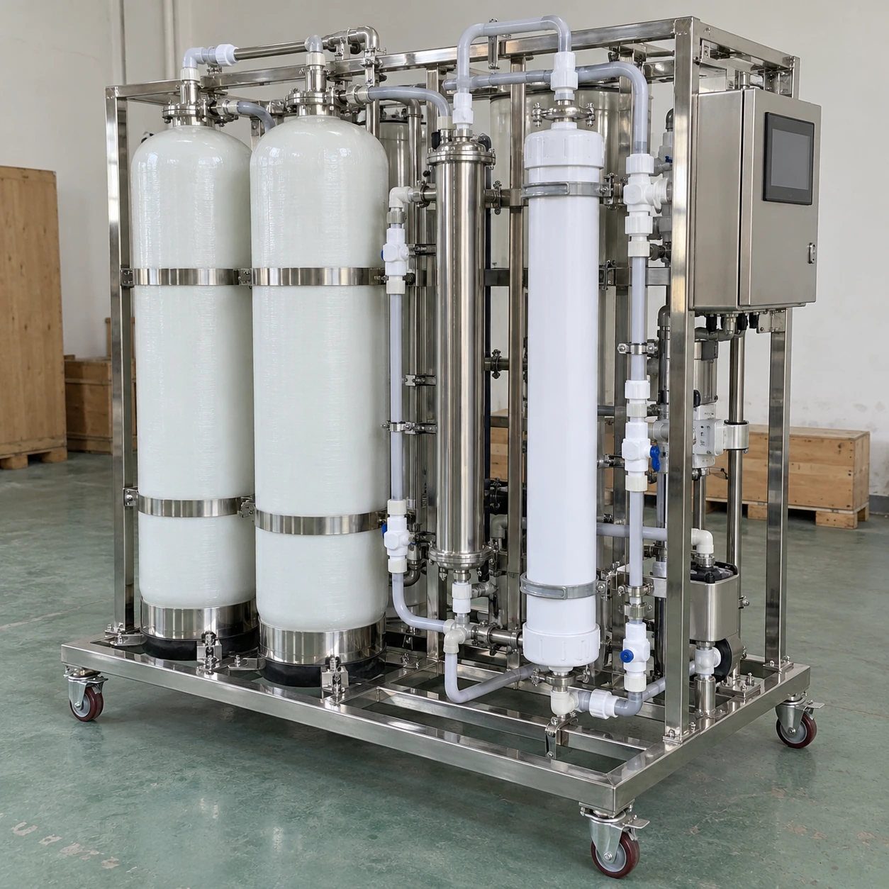 Compact high-purity polishing skid with protected connection ports in an industrial assembly area