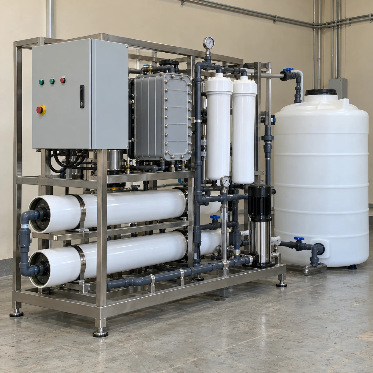 Compact ultrapure water treatment skid with closed storage tank and connected piping