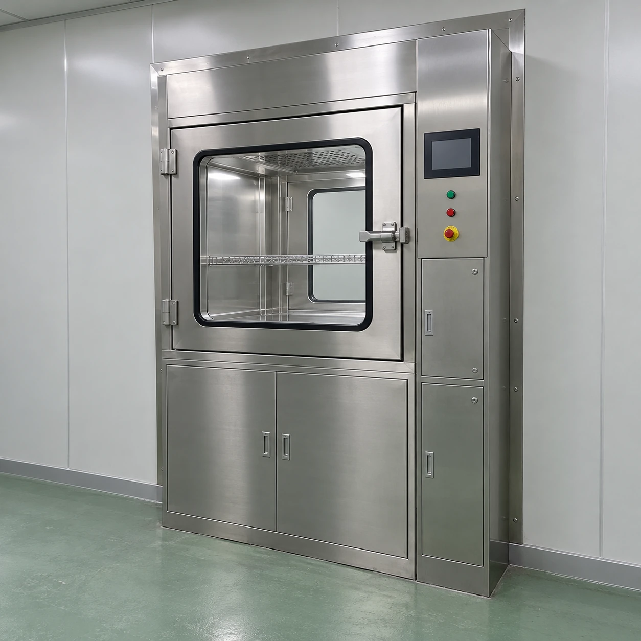 Stainless steel VHP pass-through chamber installed through a partition with a viewing door and side control compartment